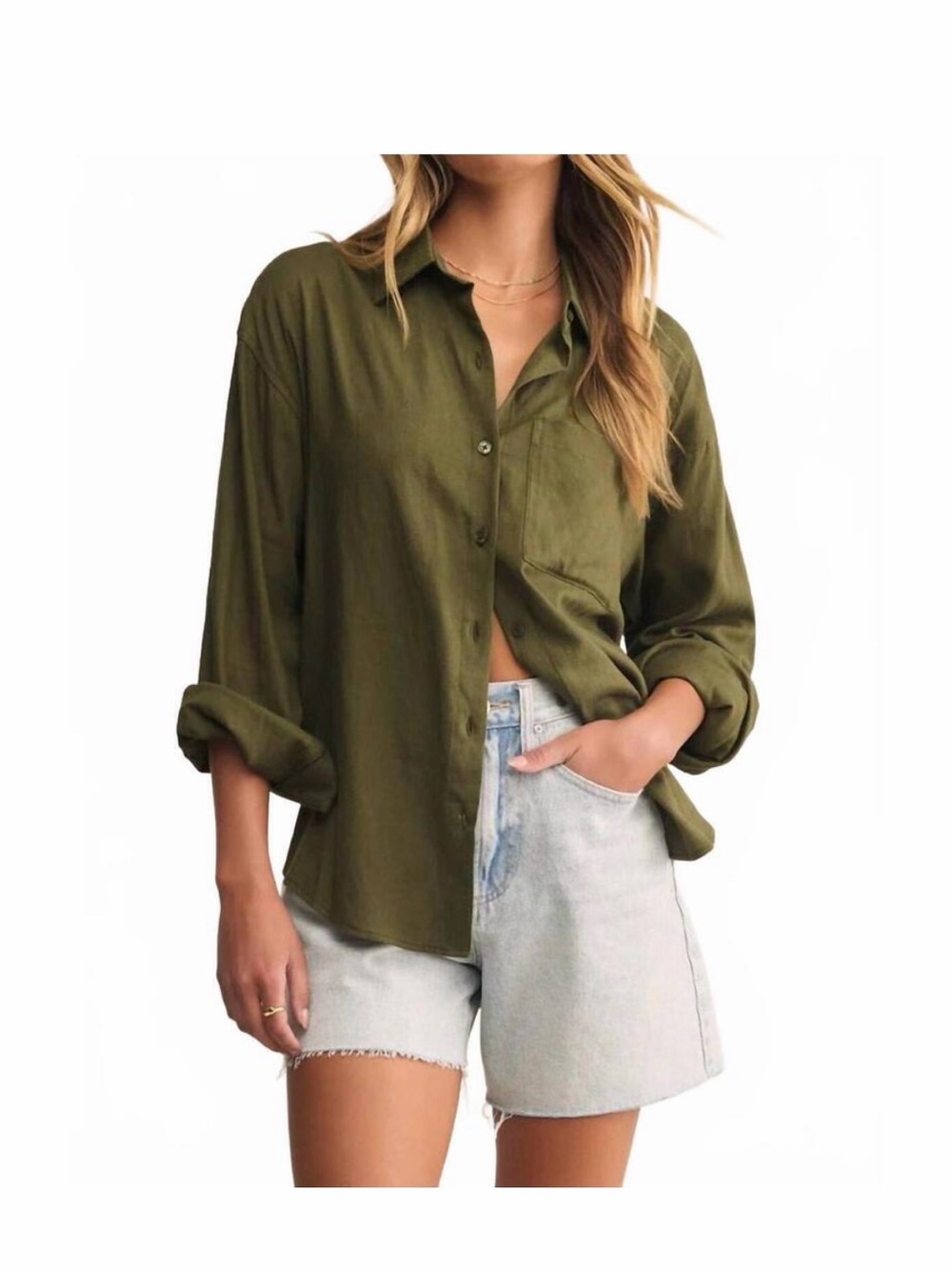 Z Supply Alfie Linen Fern Green Button Up Shirt